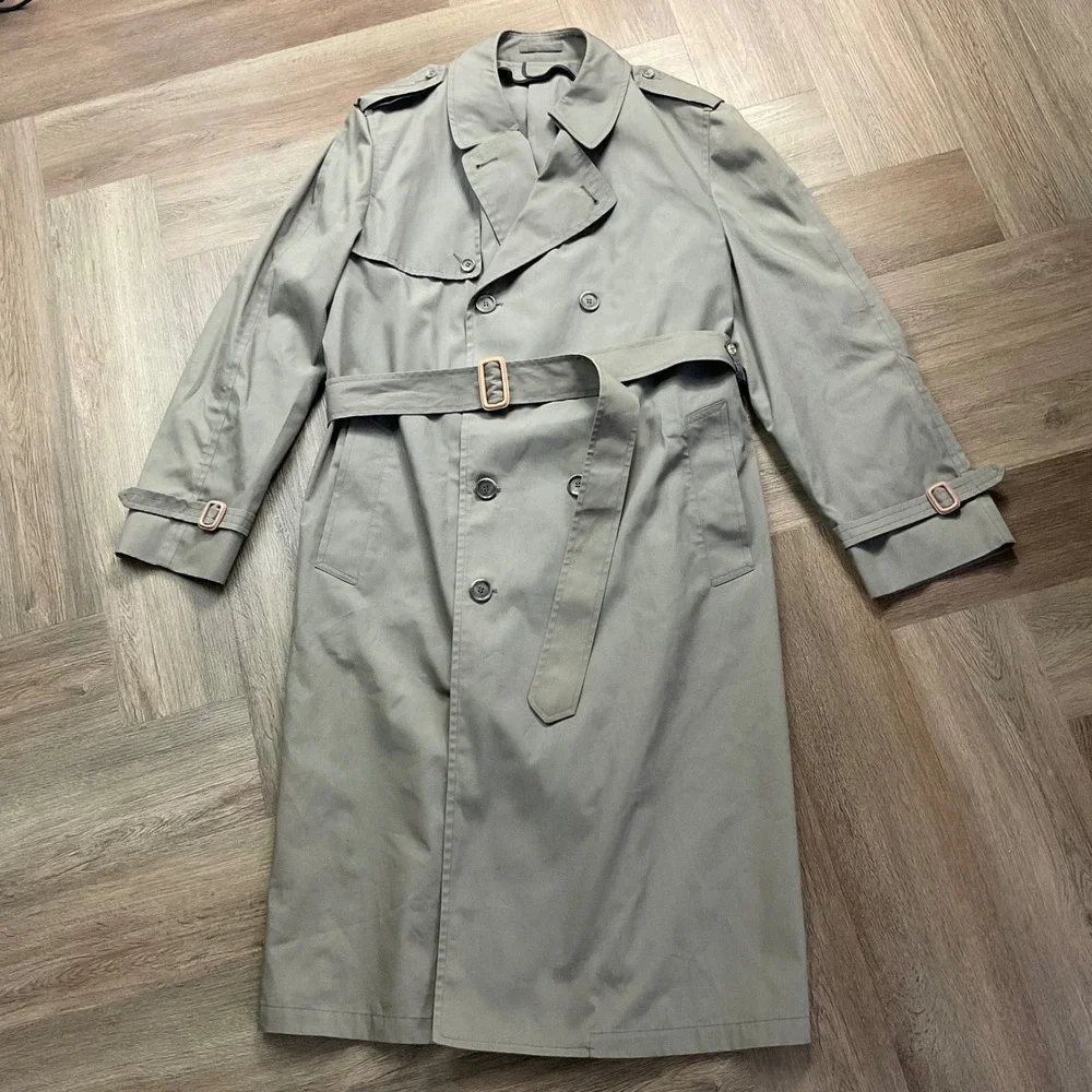 Vintage London Fog Double Breasted Belted Trench Coat Mens 46 Long XL Gray 80's